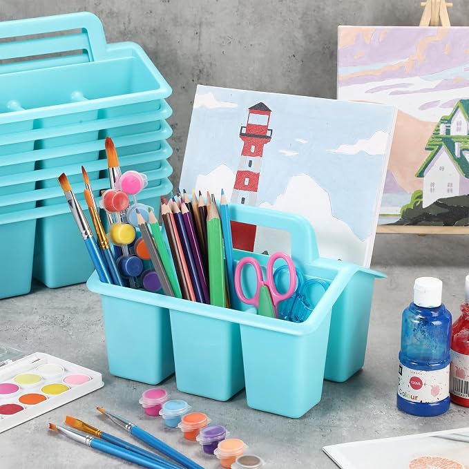 WILLBOND 12 Pcs Classroom Storage Caddies Stackable Utility Caddies with 4 Compartment Plastic Caddy with Handle Portable Storage Bins Organizers for Kids Schools Art Craft Supplies