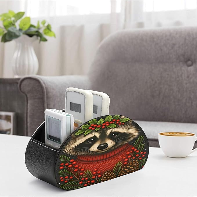 Christmas Raccoon Remote Control Holder with 5 Compartment PU Leather Multi Functional Desk Storage for TV Remotes Office Supplies