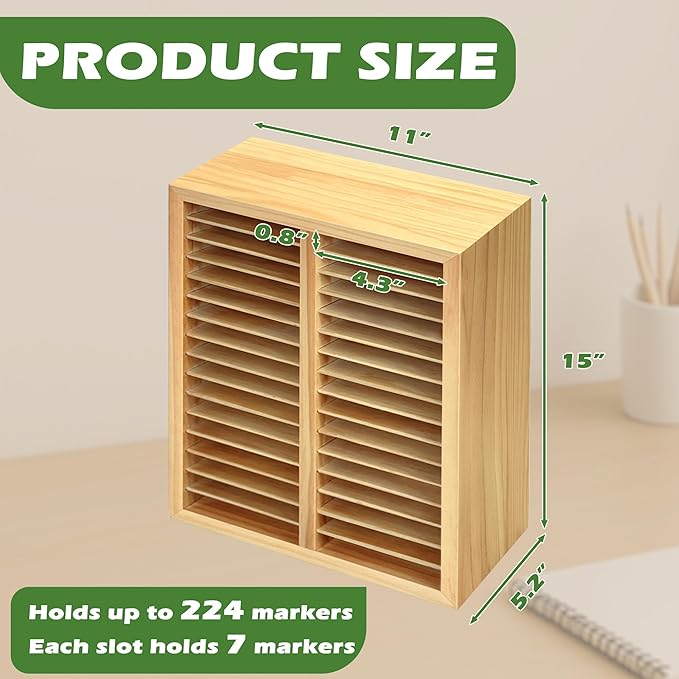 PROLEE Marker Organizer for 224 Markers,Wooden Marker Holder with 32 Slots, Pens Pencils Art Supply Alcohol Markers Storage Organizer for Desk Home Classroom Office Decor(Natural,15“x11”x5.2 “)