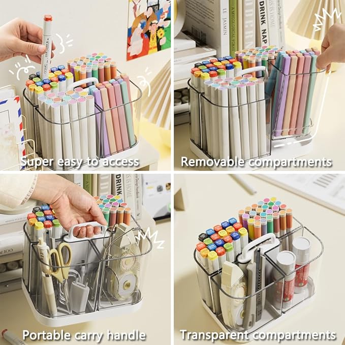 Hggzeg Pen Holder with Handle and Base, Stackable Transparent Desk Caddy 4 Compartments, Plastic Cosmetics Storage Organizer, for Art Supplies, Crafts, Colored Pencils, Stationery, Markers (White)