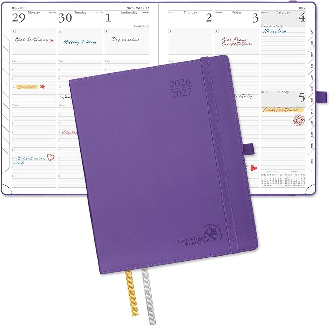 POPRUN Planner 2026-2027, Large-8.5" x 10.5", Academic Planner 2026-2027 Weekly and Monthly (July 26-June 27) Hourly Appointment Book with Inner Pockets, Leather Soft Cover, 100GSM - Purple