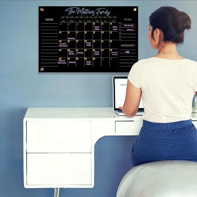 Black Acrylic Calendar Dry Erase for Wall, Family Planner, Monthly Calendar Dry Erase Whiteboard for Home, Office, 24" x 16"Reusable White Board（(Acrylic-BK-4060)
