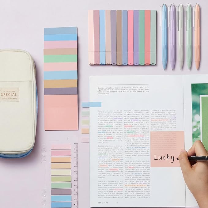 Jutom 39 Pcs Aesthetic Book Annotation Kit Highlighter with Pencil Case Bag Gel Pen Transparent Sticky Note Taking Bible Study College School Supplies(Light Blue,Cute Style)