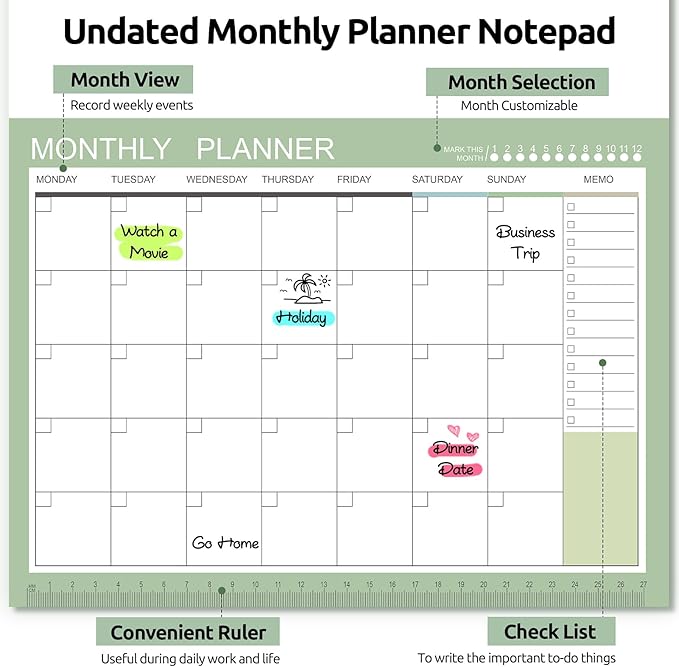 Phyxin Undated Planner, 54 Sheets Blank Calendar, 11.2" x 8.3" Monthly Calendar Planner, Tear Off Undated Monthly Planner with Memo for Women, Students, Teachers, Morandi Green
