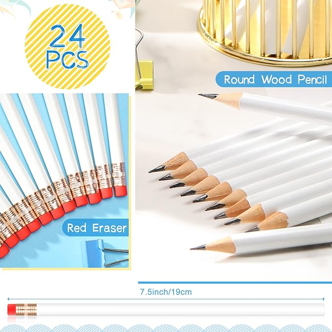 Outus 24 Pieces Round Pencils Cute HB Graphite Wood Pencils Pack with Eraser for School Drawing Sketching Wedding Office Supplies (White)