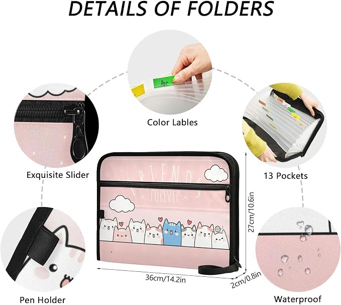 Cute Kitty Cat Pink Expanding Accordion File Folder with 13 Pockets, Sticky Labels & Zipper Closure
