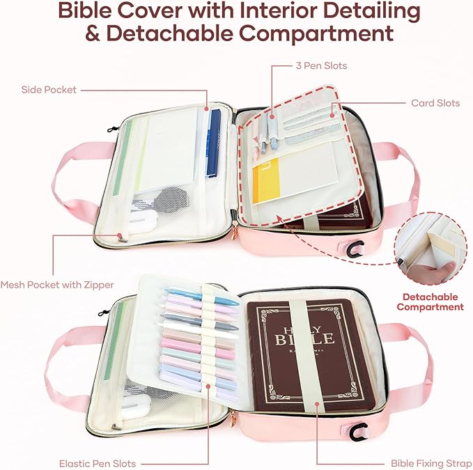 Bible Cover Case for Women, Large Bible Bag with Removable Pencil Case, Shoulder Strap and Highlighters for Bible Study Supplies, Church Bag Carrying Journaling Kit, Christian Gift for Women