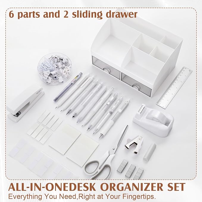 Eersida Office Desk Accessories Supplies, 26 Pcs Desk Organizer with Tape Dispenser, Stapler, Staple, Staple Remover, Scissor, Ruler, Sticky Tabs, Tape, Ballpoint Pen, Pencil, Clips for School(White)