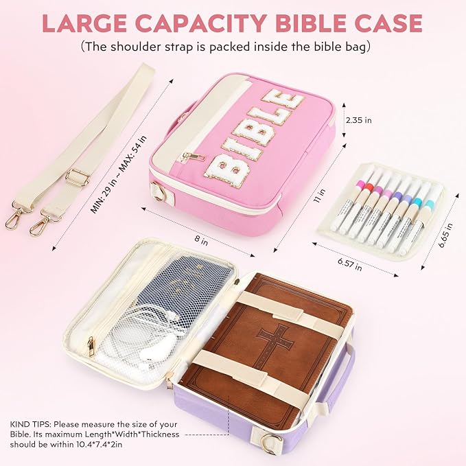 Bible Cover Case for Women Grils, Preppy Bible Bag with Adjustable Shoulder Strap, Waterproof Bible Carrying Tote Bags Holder for Bible Study Supplies Accessories & Christian Gifts (Pink)