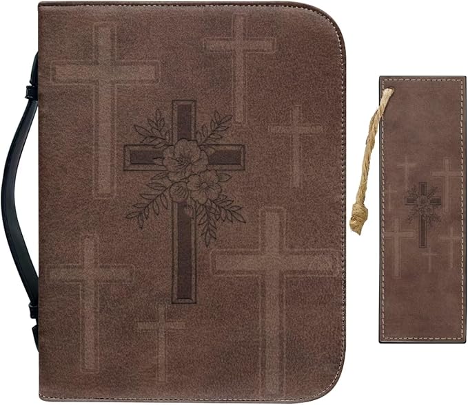 Vintage Religious Cross Bible Case with Bookmark Waterproof Bible Cover Case for Women Lightweight Bible Bag with Handle Pockets Church Book Bag Brown