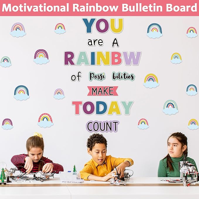 Motivational Rainbow Bulletin Board Cutouts, Happy Sunshine Day Inspirational Positive Classroom Decoration You are a Rainbow of Possibilities Accents for School Chalkboards Wall Decor