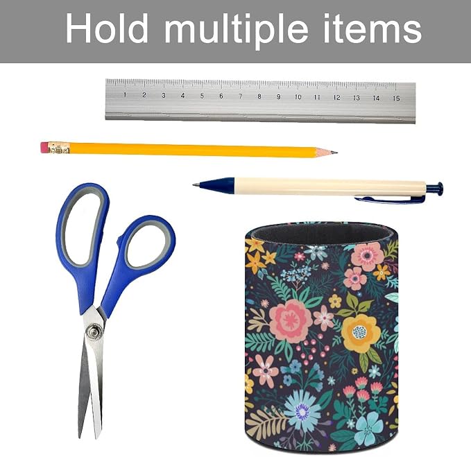 Flowers Floral Pen Holder Pencil Organizer Cute Pencil Cup Desk Decor Makeup Brush Holder PU Multifunctional Office Suppliesfor Home Classroom School