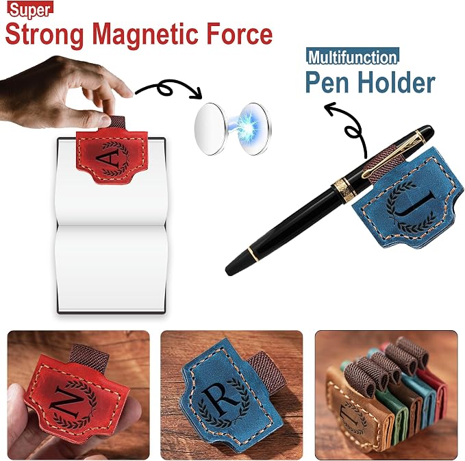 Custom Magnetic Bookmarks with Pen Holder, Personalized 26 Letters Name Initial Leather Bookmark, Leather Book Mark for Men Women Teachers, Readers Book Lovers Gifts (Blue, U)