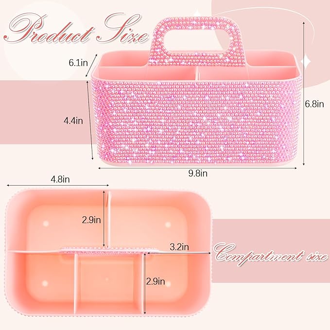 Marspark Bling Makeup Caddy Organizer with Handle, Sparkly Art Craft Holder, Glitter Bathroom Hair Caddy, Shimmer Pen Pencil Holder for Women Desk Organizer, Bling Gifts for Women(Pink,AB Diamond)