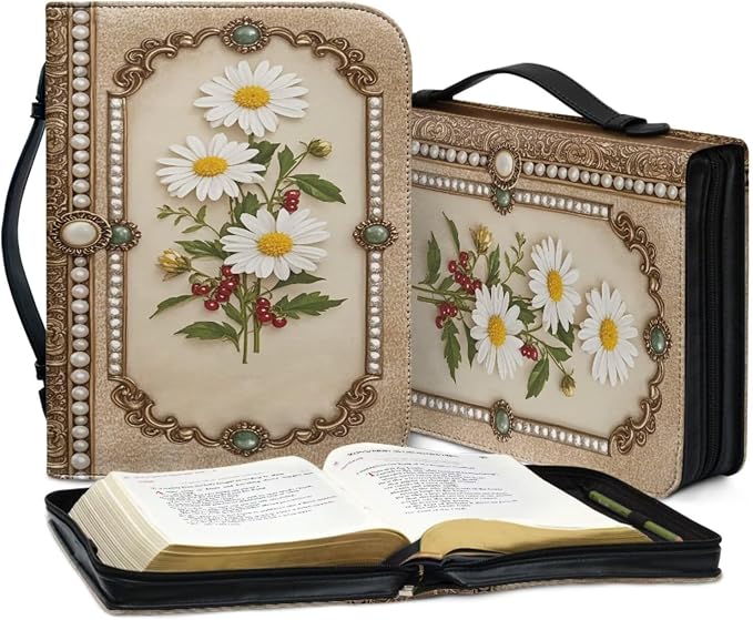 Vintage Elegant Style Flower Bible Case with Bookmark Waterproof Bible Cover Case for Women Lightweight Bible Bag with Handle Pockets Church Book Bag Brown
