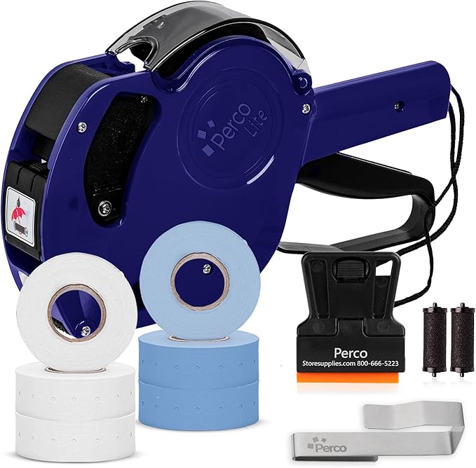 Perco Lite 1 Line Price Gun with Labels Kit - Includes 3 White Rolls, 1 Gun Clip, 3 Blue Rolls, 2 Ink Rollers - 1 Ink roll and Labels Pre-Loaded