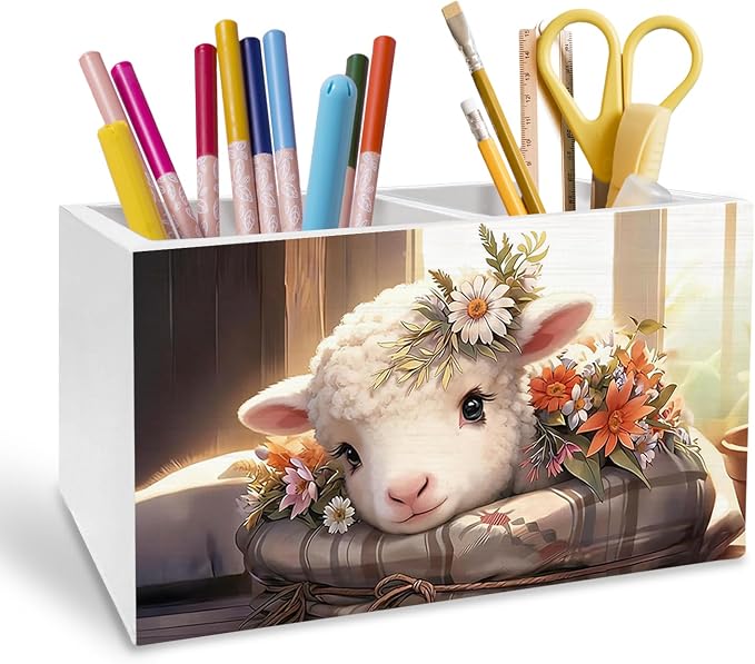 Floral Lamb Pen Holder for Desk, Sheep Gifts for Women Pencil Organizer, Rustic Farmhouse Flower Lamb Wooden Box Sign Desk Decor for Home Office Decoration