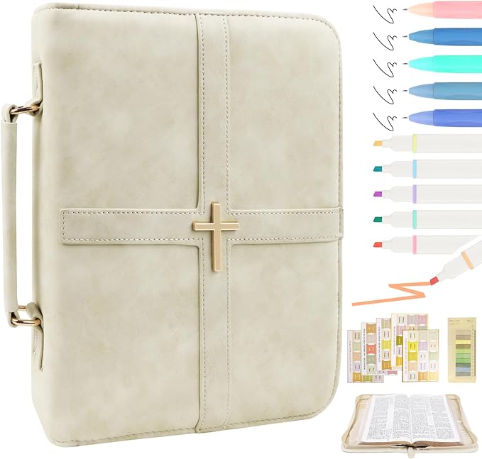 Classic Leather Bible Cover Case with Cross Design and Handle for Men Women, Durable Bible Study Supplies Organizer Carrying Bag, Perfect Christmas Gifts for Christians with Gift Box（Beige