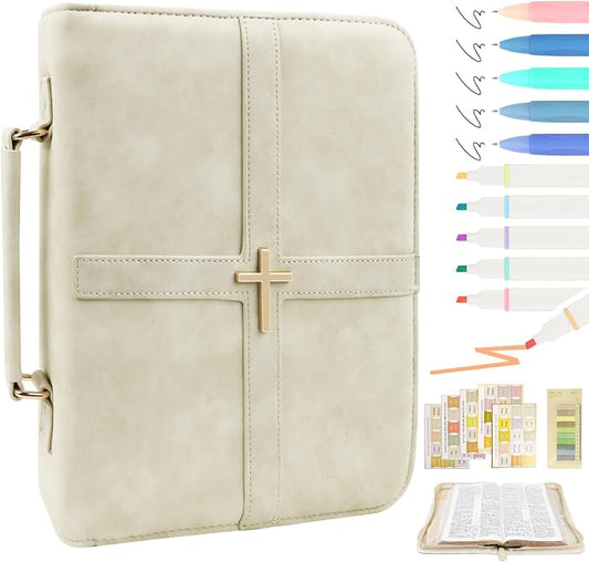 Classic Leather Bible Cover Case with Cross Design and Handle for Men Women, Durable Bible Study Supplies Organizer Carrying Bag, Perfect Christmas Gifts for Christians with Gift Box（Beige