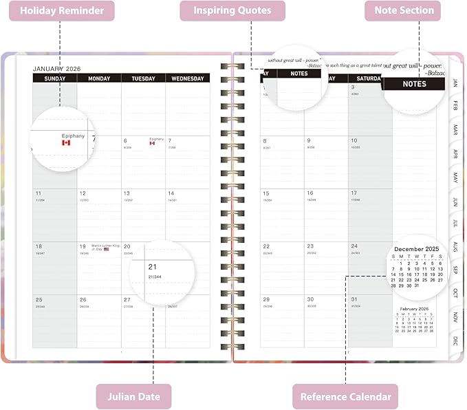 2026 Planner, Weekly and Monthly Calendar Planner, Academic Daily Agenda (Jan 2026 - Dec 2026), Hardcover Planning Notebook for Office Accessories and School Supplies, Daisy Blooms