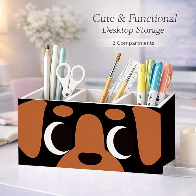 Dog Face 3-Compartment Desk Organizer, Wooden Pencil Holder for Pens, Pencils, Scissors, Ruler, Cute Dog-Themed Storage Box for Kids, Home & Office