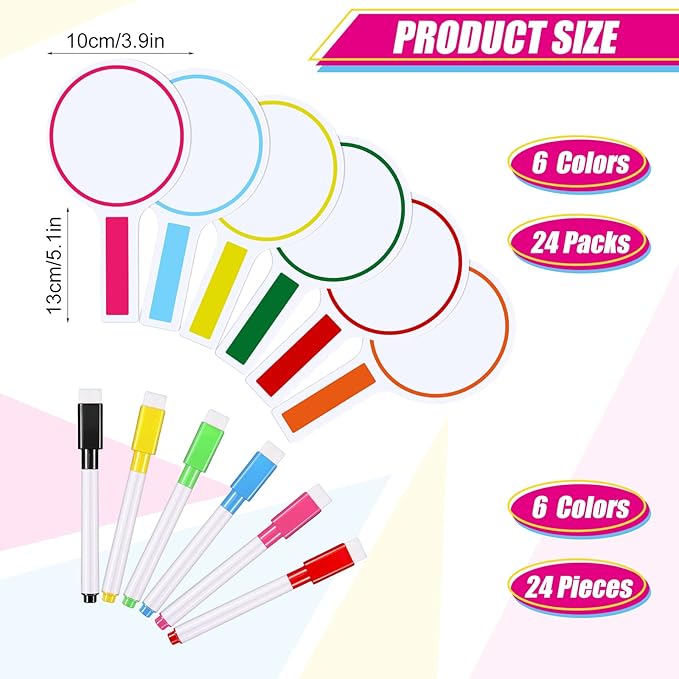 Henoyso 48 Pcs Dry Erase Answer Paddle with Markers Handheld Double Sided Paddles Colorful Flip Answer Dry Erase Paddles White Boards for Students Kids Score Boards Teacher(Round)