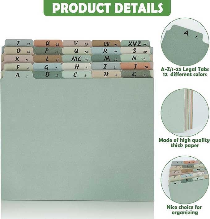 1 Set 25 Alphabet File Dividers A-Z Top Tab File Guides Letter Size 1/5 Cut Tab Manila Alphabetical File Organizer File Cabinet Dividers for Work Office Home School and Desk Organizer(Morandi)