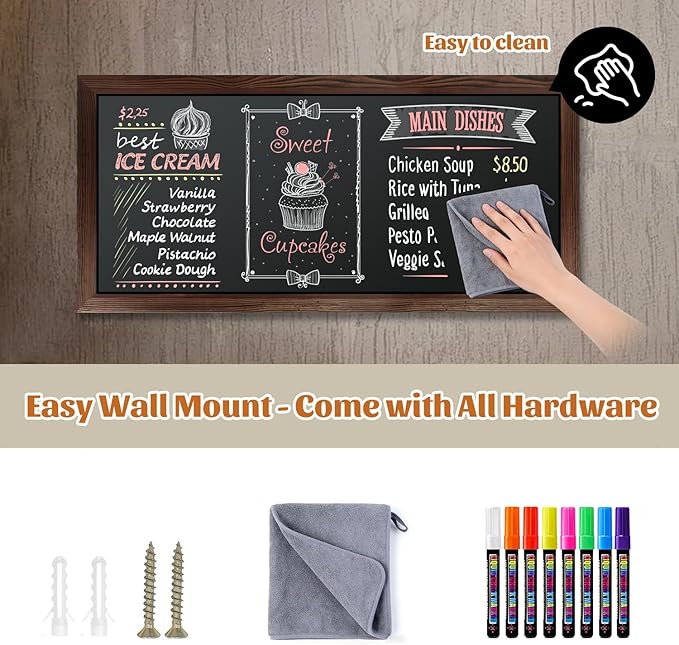 Large Magnetic Chalkboard for Wall, 58 x 25 Inch Solid Wood Framed Brown Magnetic Board, Wall Mounted Chalk Board for Kitchen, Restaurant, Food Truck and Calendar Board