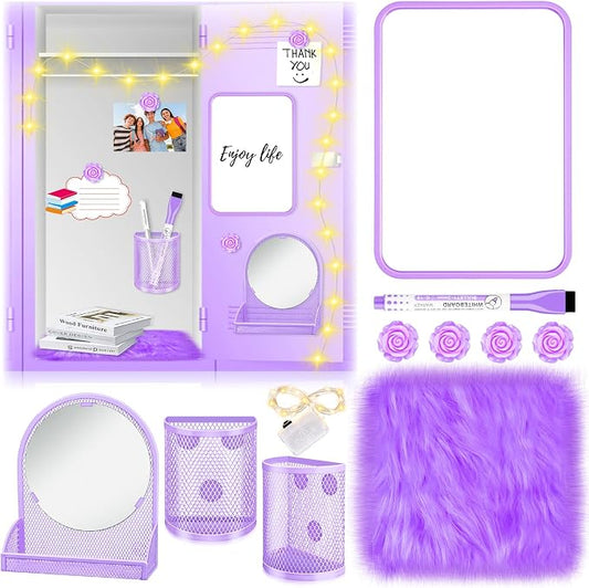 8 Pcs Locker Accessories for Girls with Purple Magnetic Mirror, Magnetic Pen Holders, Cute Flower Magnets, Cute Locker Decor Backing for Girls in Middle School Locker Stuff for Girls