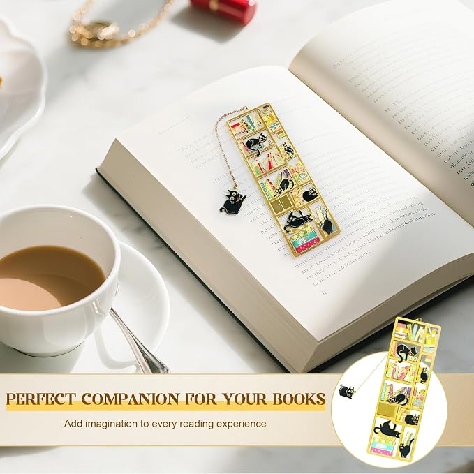 Black Cat Bookmark with Charm - Metal Book Markers for Cat Lovers, Comes with Storage Box | Lightweight, Durable Reading Accessories & Gift for Bookworms, Teachers, Readers