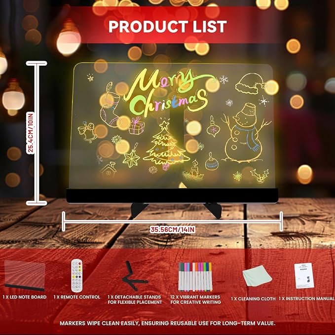 LED Note Board with Colors,14''x10'' Acrylic Led Drawing Board with 12 Markers,Dry Erase Boards Music Sync&Flash Modes,Dimmable Brightness for Cafe/Bar/Home/Party Deco