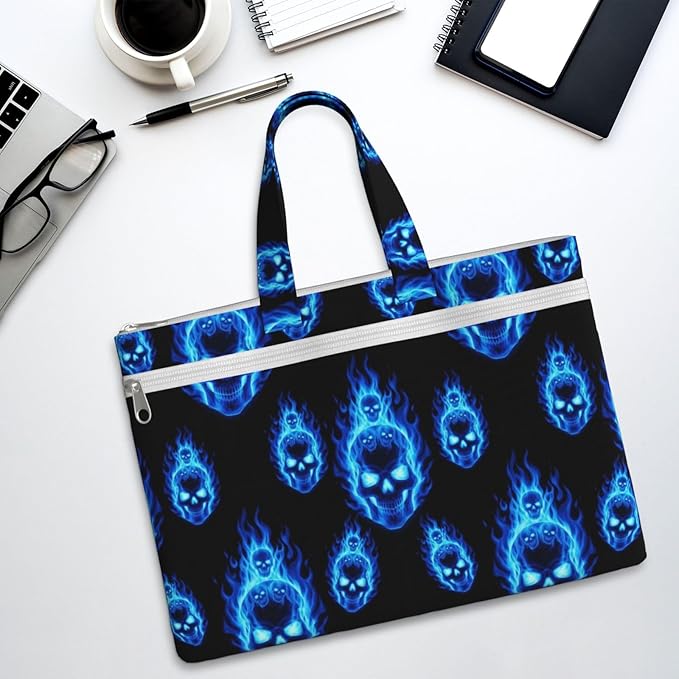 Business Document Handbag Blue Fire Flame Skull Art, Zippered Canvas File Bag with Handle for Office Meetings and Travel