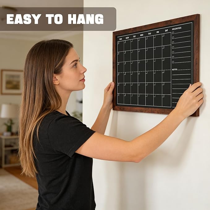 4 THOUGHT Monthly Calendar Chalkboard for Wall, 24" x 18" Magnetic Chalk Board with Rustic Frame, Large Blackboard Planner & Menu Board for Kitchen Home Office School, Includes 4 Markers & 8 Magnets