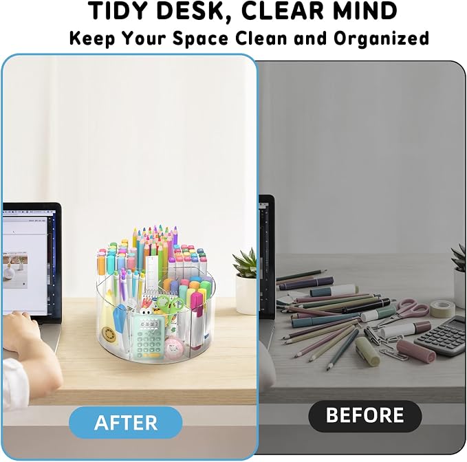 SUPEASY Acrylic Rotating Pencil Holder, 360° Clear Pen & Marker Organizer with 6 Compartments and Carry Handle, Crayon Art Supply Organizer for Desk, Home, Office, Classroom