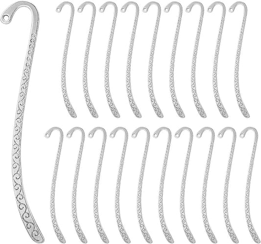 EKDJKK 20 Pack Metal Bookmark Hairpin Hook Antique Vintage Silver Carved Hook Bookmark with Loop Metal Book Markers Embossed Bookmarks, Jewelry Making Charms