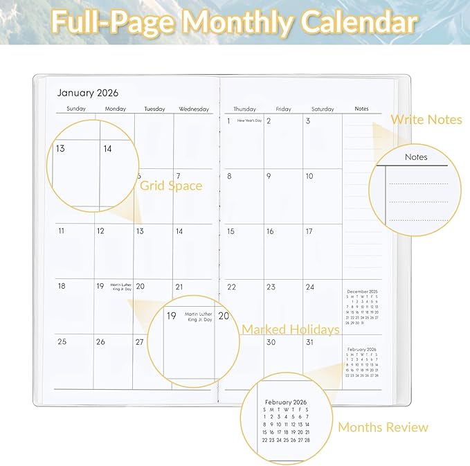 Pocket Calendar 2026-2027, Purse Planner, 3.7" x 6.7", Runs from January 2026 Until December 2027, Pocket Monthly Calendar with Mountain PVC Cover for Office