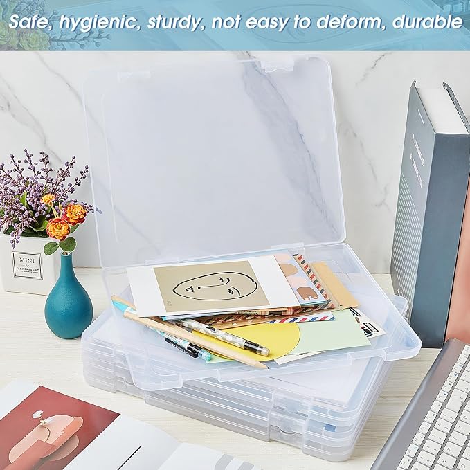 Gueevin 8 Pcs Clear A4 File Organizer Box, Plastic Document Storage Case with Snap Closure and Handle, Flat Paper Organizer for Magazine, Scrapbook and Board Games, 12.2 x 9.06 x 0.79 Inch