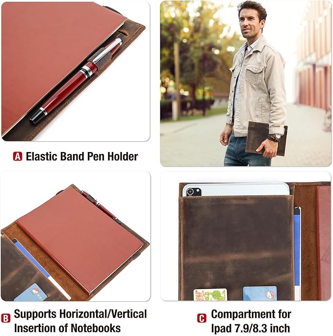 Top Grain Leather 11" Padfolio for Men & Women, Handmade Vintage Design, Multi-Functional Business Portfolio Organizer, Compatible with Cards/iPad/Pen/B5 Size Document, Coffee 11 Inch