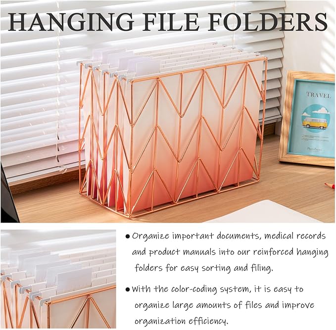 6 Pack Gradient Hanging File Folder Letter Size Reinforced Hanging Folders with 1/5-Cut Adjustable Tabs File Folders for Filing Cabinet Organizer for Office Home, Assorted Colors