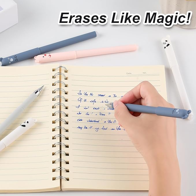 RIANCY 0.5mm Erasable Gel Pens,12 Pack Cute Cartoon Animal Rollerball Gel Ink Pens Refillable Pens for Adult Writing Calligraphy Note Taking (Refill Blue)