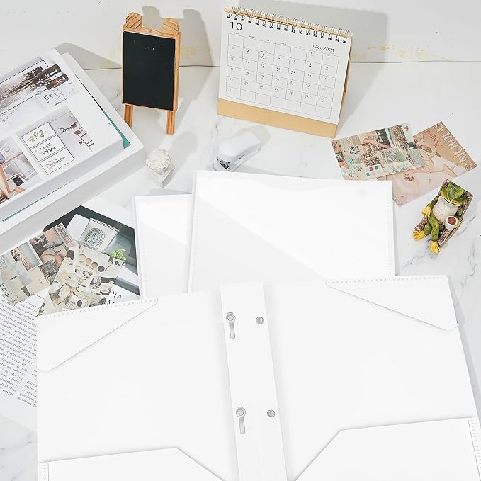 Henoyso 18 Pcs Plastic Folder with Clear Front Pocket and 3 Prong Plastic Folders with Card Slot Pocket Folders with Prongs for School Office (White)