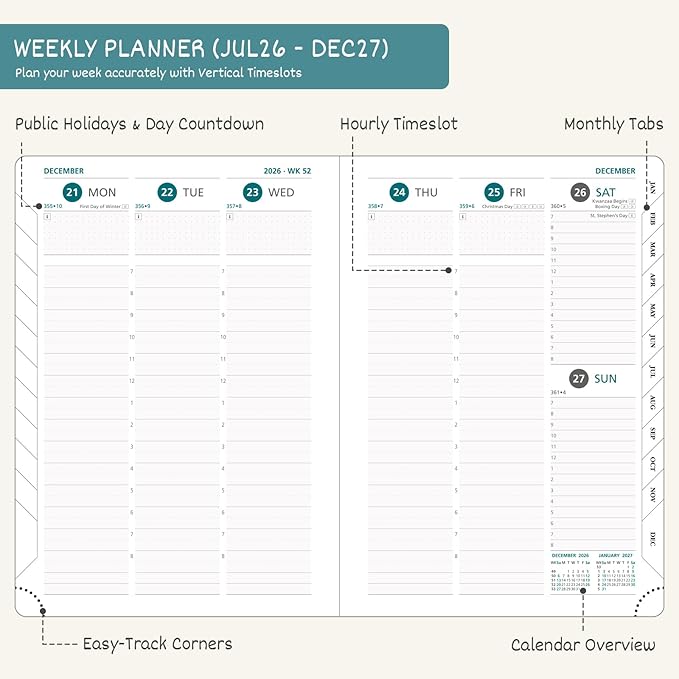 BEZEND Weekly Planner 2026-2027 (6" x 8.5") with Hourly Timeslots (Jul 26-Dec 27) 18 Months Academic Calendar & Monthly Tabs, Ideal for Students, Work & Home, PU Leather Hardcover -Kiwi
