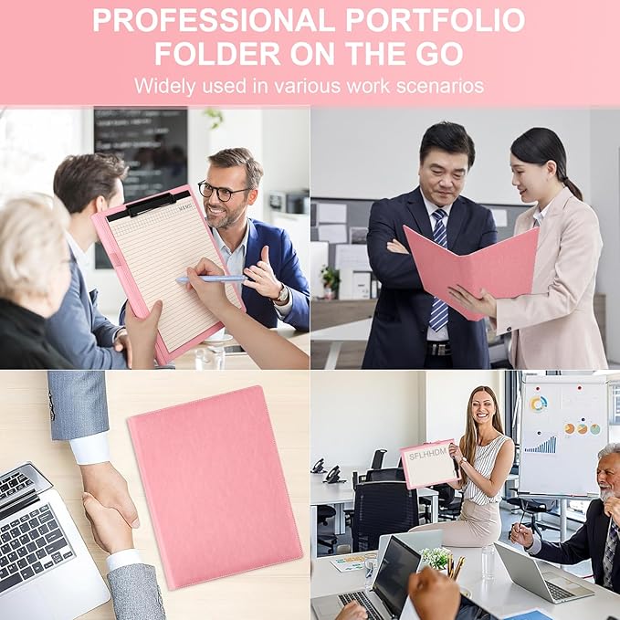 Clipboard Padfolio with Storage Pocket,Clipboard Folder Portfolio Organizer,360 Degree Foldable Clipboards,Faux Leather Padfolio Organizer (Pink, A4 Size Folder Without Elastic Band)