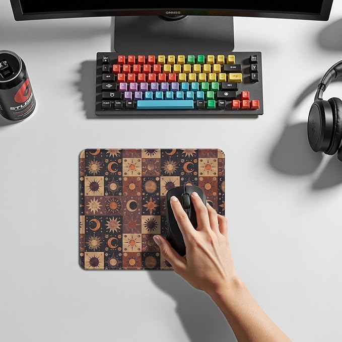 Boho Witchy Gothic Sun and Moon Stars Mouse Pad, Astrology Gifts for Women Men, Whimsical Mystical Celestial Mouse Pad for Home Office Computer Gaming Desk Essentials, 9.5x7.9 Inch