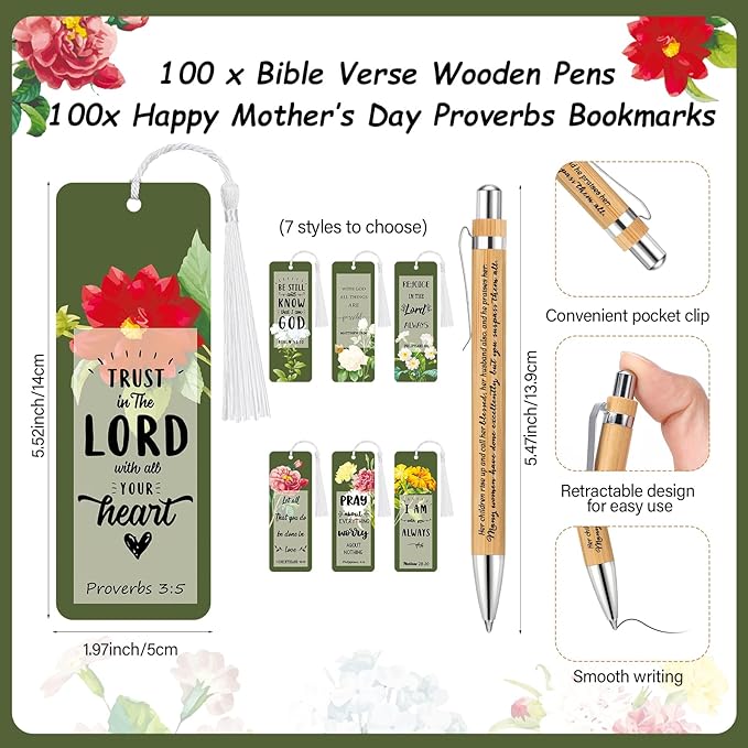 Spakon 100 Sets Mother's Day Church Gifts Bible Verse Bookmarks Inspirational Bamboo Pens Gift Bags Mom Christian Gifts Bulk Religious Mothers Day Party Favors