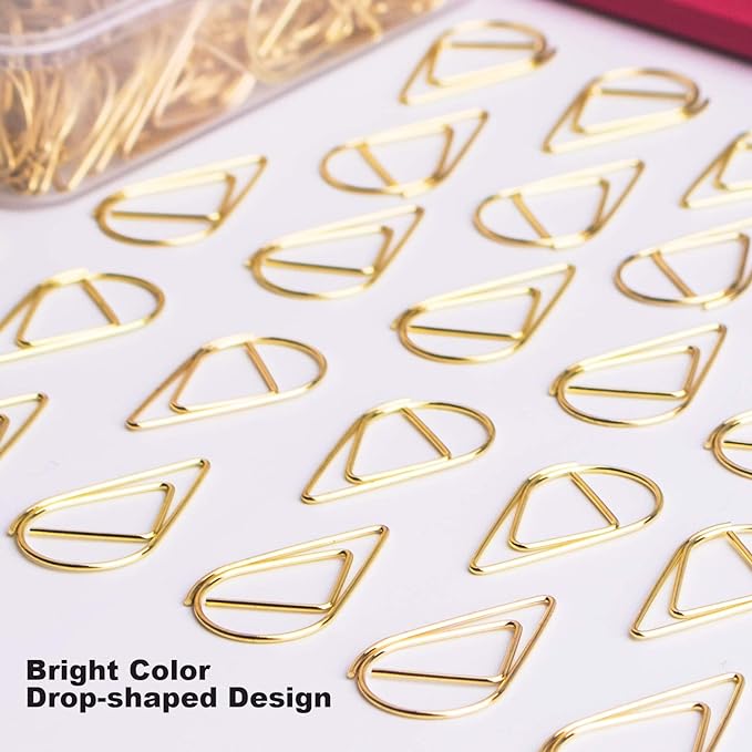 100 Pieces Gold Cute Paper Clips Medium, VENCINK Smooth Stainless Steel Tear Drop-Shaped Wire Paperclips for Office Supplies Wedding Women Girls Kids Students Paper Work