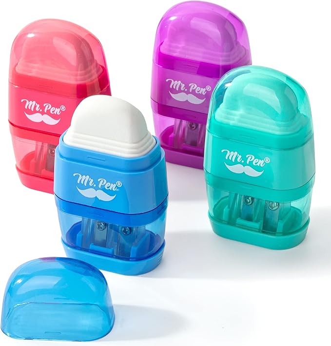 Mr. Pen- Pencil Sharpener & Eraser, 4 Pack, 2-in-1 Manual Sharpeners with Canister, 2 Sharpening Holes for Standard & Jumbo Pencils, Colorful Dual Hole Design for School, Office, Home, Kids