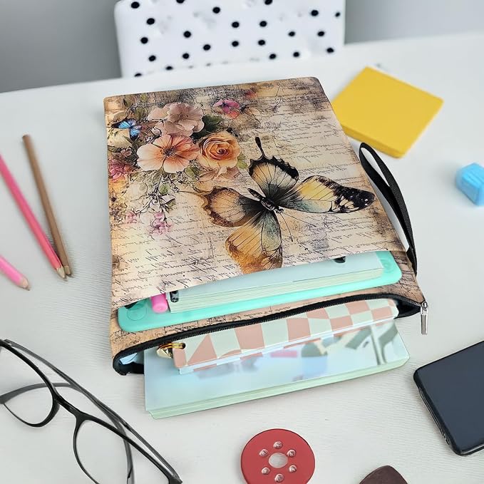 Vintage Floral Butterfly Book Cover, Waterproof Book Sleeve with Zippered Front Pocket Retro Flowers Book Pouch for Book Lovers, Christmas, Birthday, Graduation Gifts (Butterfly, Large)