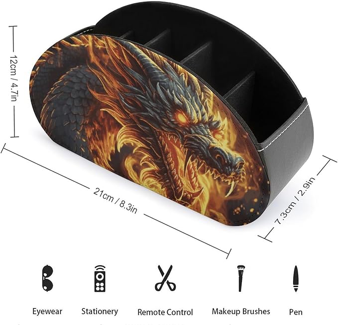 Pu Leather Remote Control Holders Waterproof TV Remote Holder with 5 Compartments Fire Chinese Dragon Remote Caddy Box Desktop Storage Organizers for TV Remotes/Media Controllers/Office Supplies