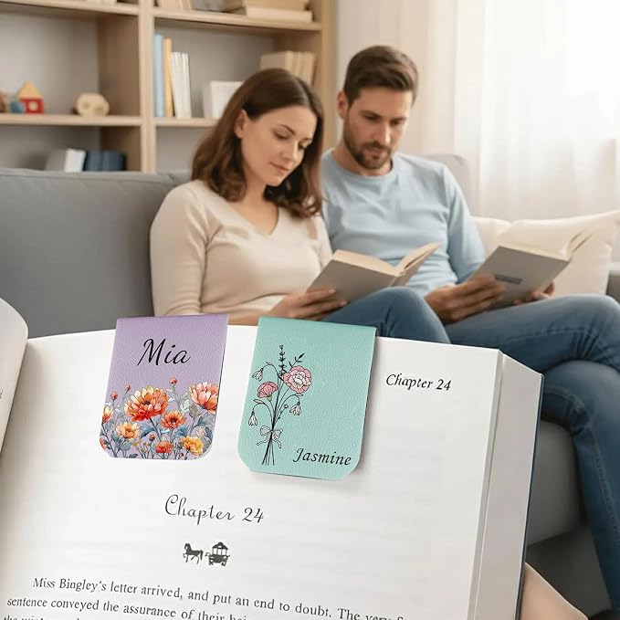 Personalized Leather Magnetic Bookmark with Name, Custom Birth Flower Bookmark for Women, Customized Book Accessories Bookish Gifts for Reading Lovers (Style 1)